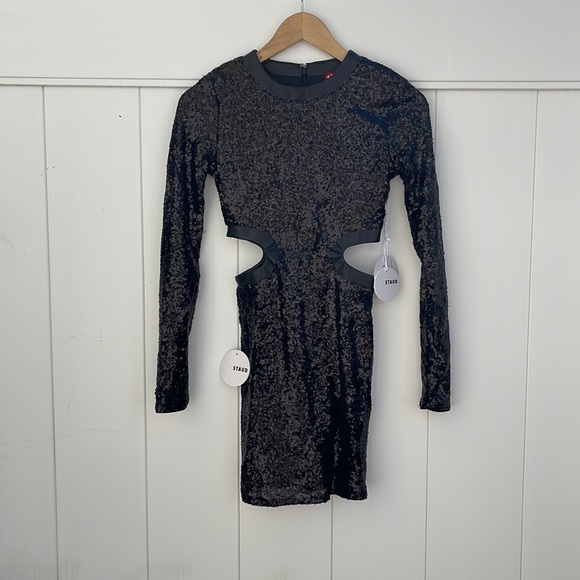 STAUD - Black Sequins Long Sleeve Mini Cut Out Dress - XS - Picture 3 of 15